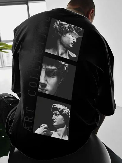 Baskılı Oversize Bisiklet Yaka T-shirt - Siyah resmi